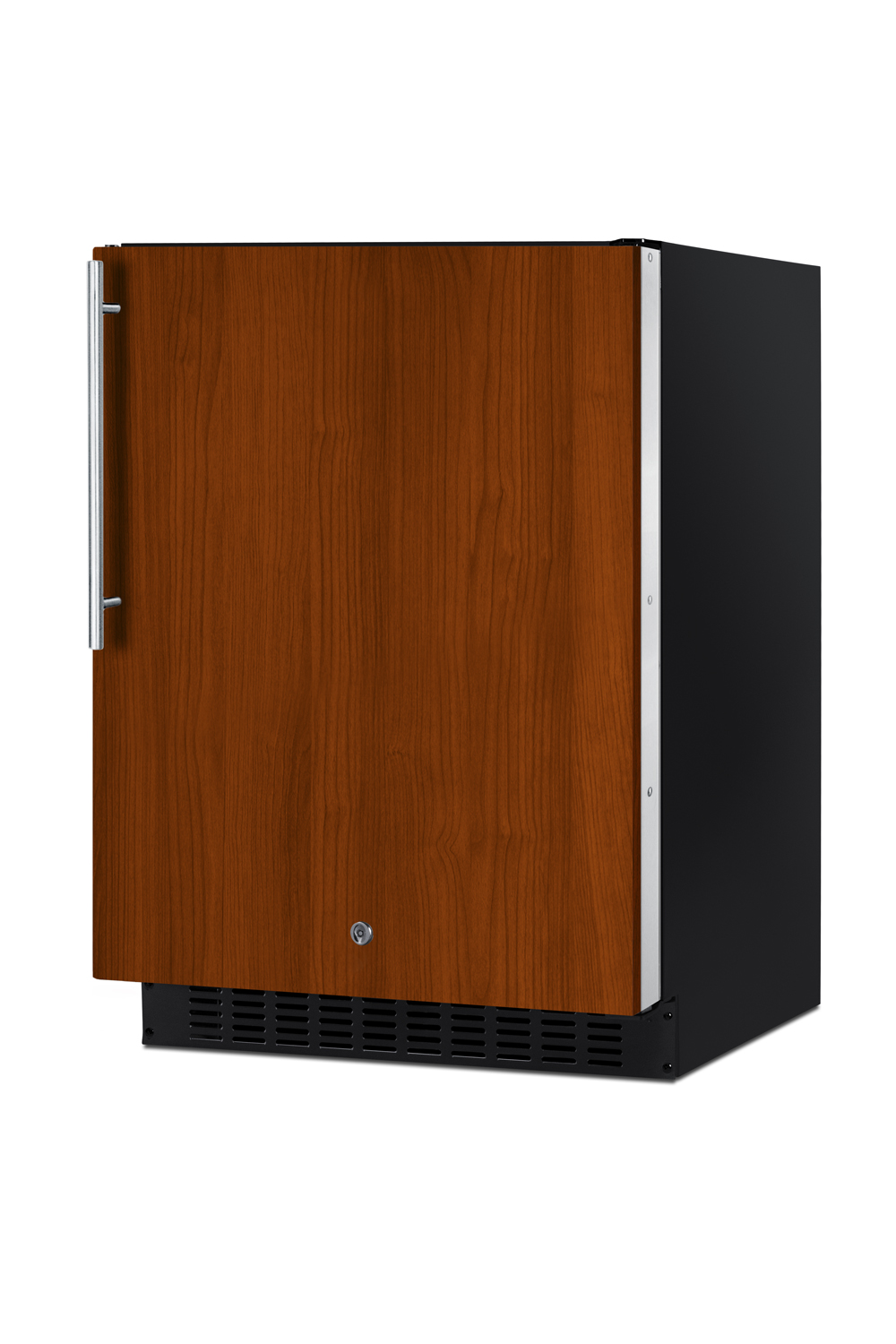 Shallow depth built-in undercounter ADA compliant all-refrigerator with panel-ready door, stainless steel interior, black cabinet, lock, and digital controls